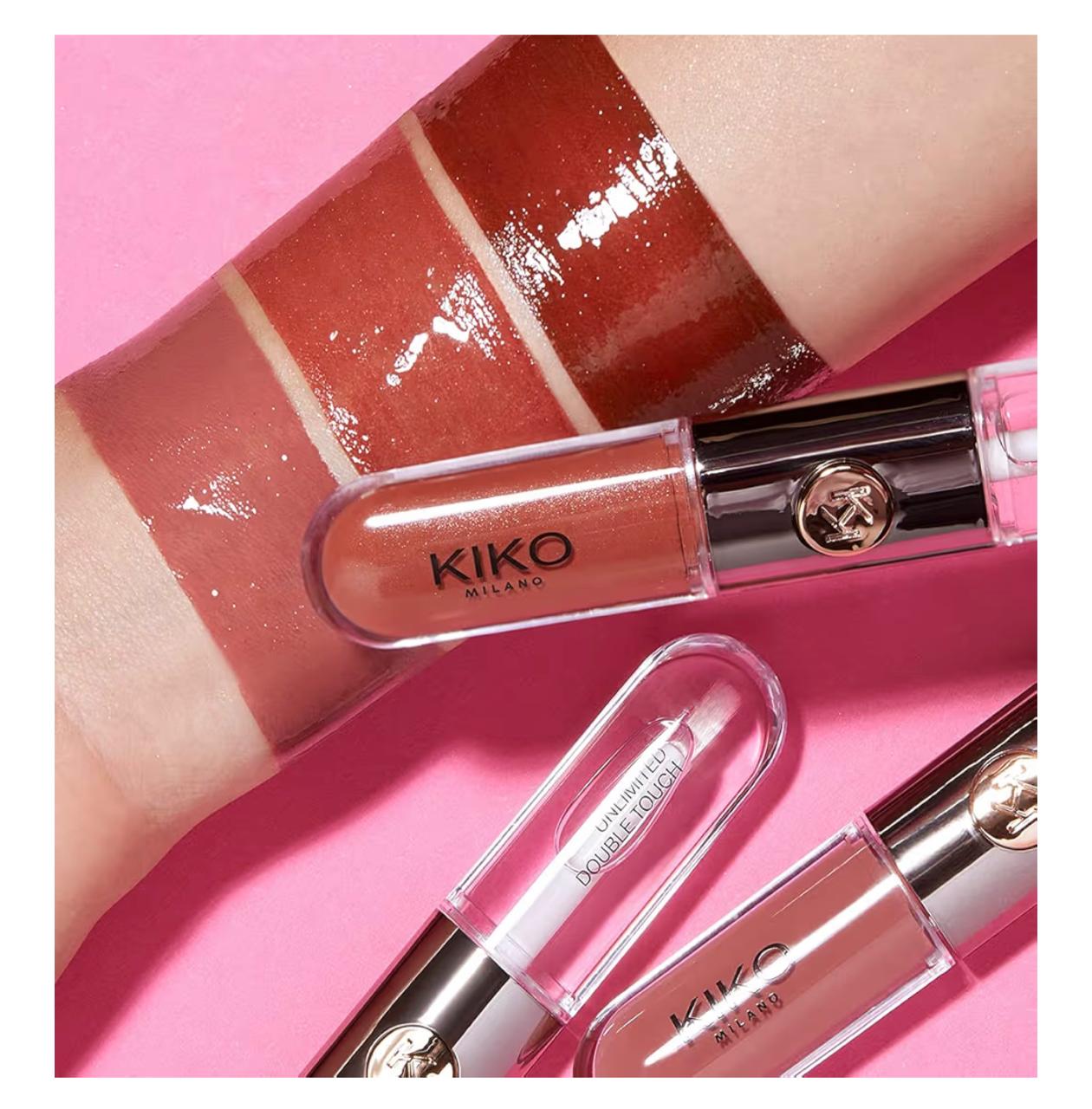Kiko Milano lip glosses on a pink background