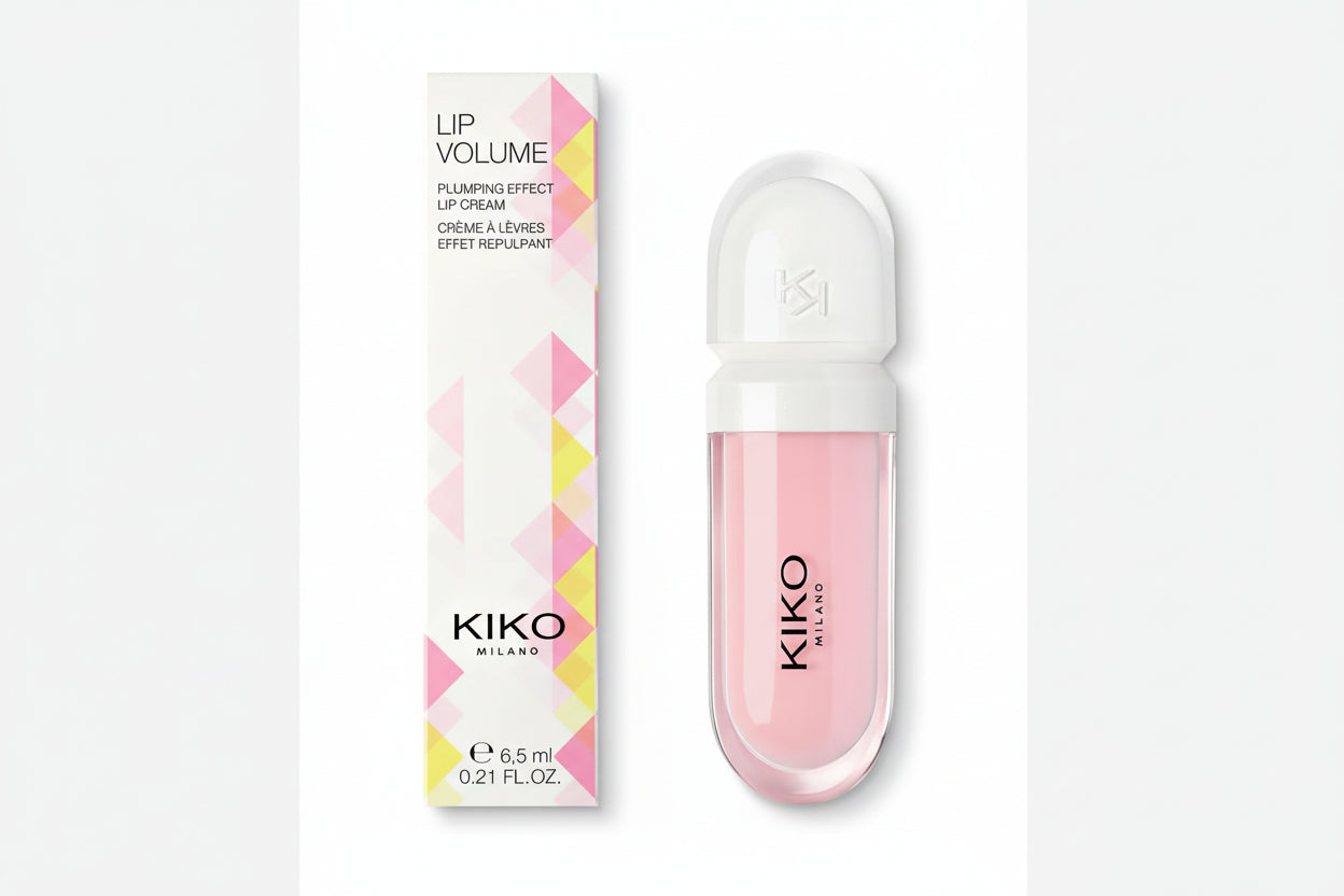 Kiko Milano lip volume plumping effect lip cream with packaging on a white background